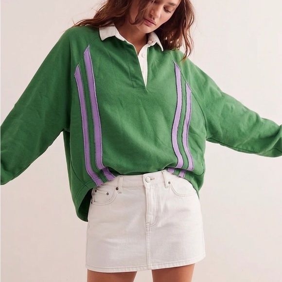 Tops - Urban Outfitters Green Henley Collared Purple Stripe Sweatshirt